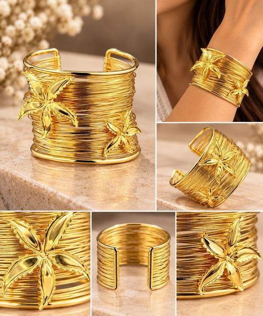 SHE BEAUTY golden multilayer cuff bracelet featuring delicate starflower accents for festive or everyday wear.
