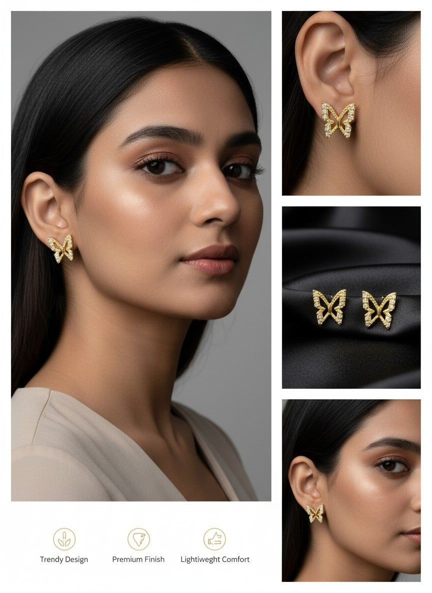 SHE BEAUTY GOLDEN WINGS butterfly stud earrings with gold finish and sparkling stones worn by a woman