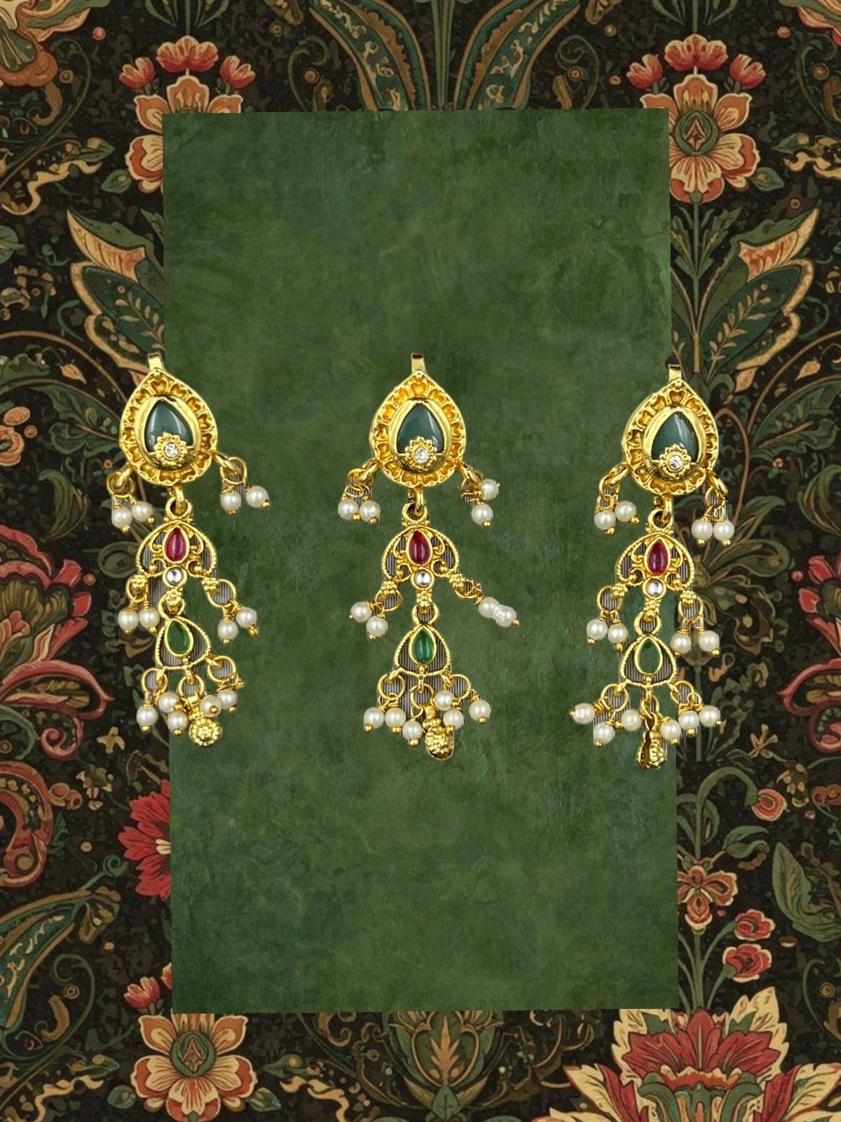 SHE BEAUTY 3-piece heritage choti hair accessories in gold-tone metal with green stones, red accents, and pearl beads.