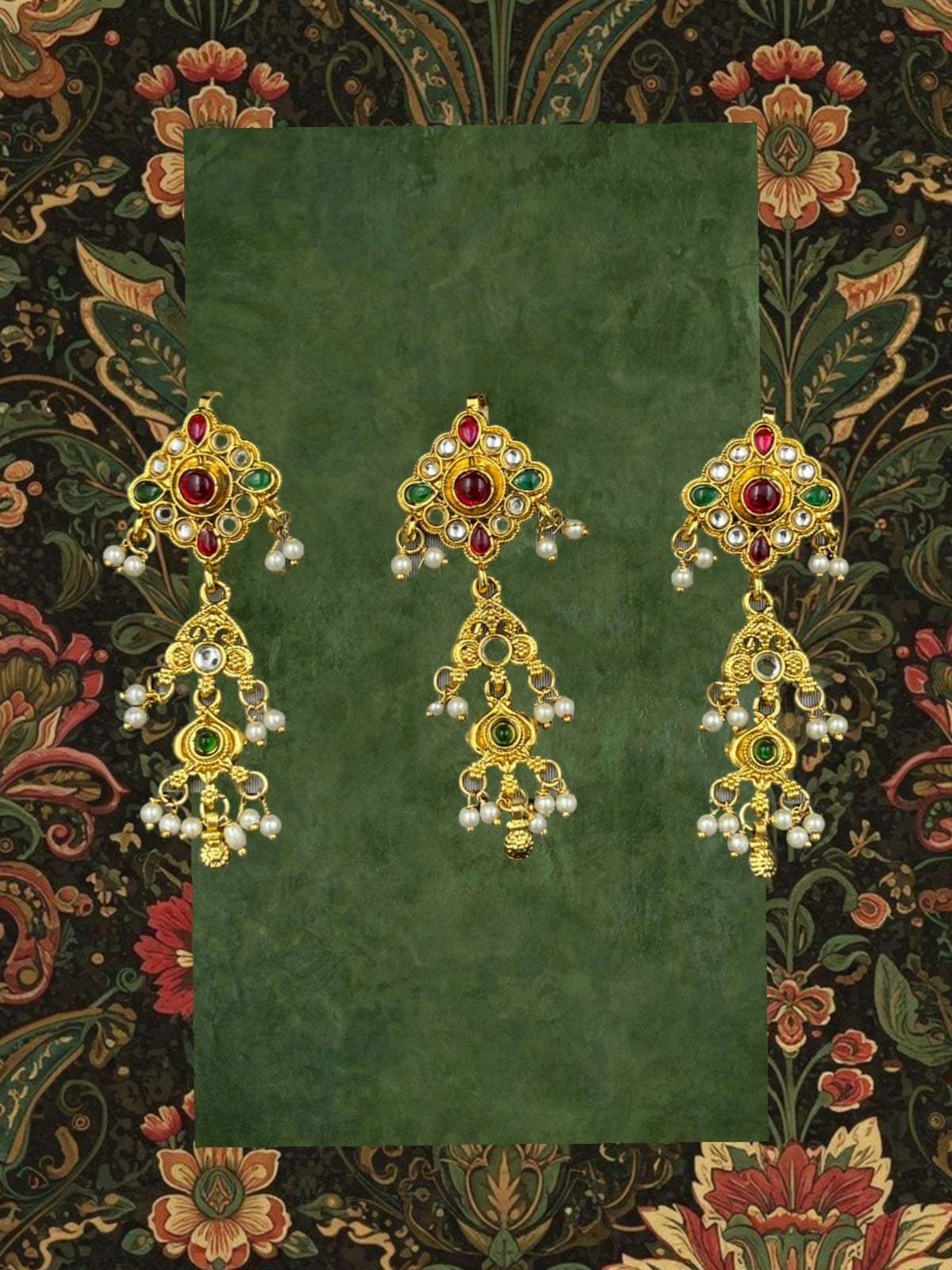 SHE BEAUTY set of 3 gold-toned Jadau Kundan choti hair accessories featuring red, green stones and pearl embellishments.