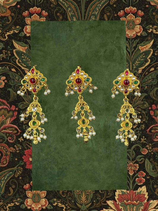SHE BEAUTY set of 3 gold-toned Jadau Kundan choti hair accessories featuring red, green stones and pearl embellishments.