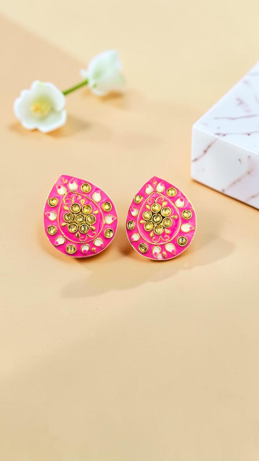 SHE BEAUTY Jaipuri tops featuring a vibrant pink teardrop design with gold-tone floral accents and white enamel details.