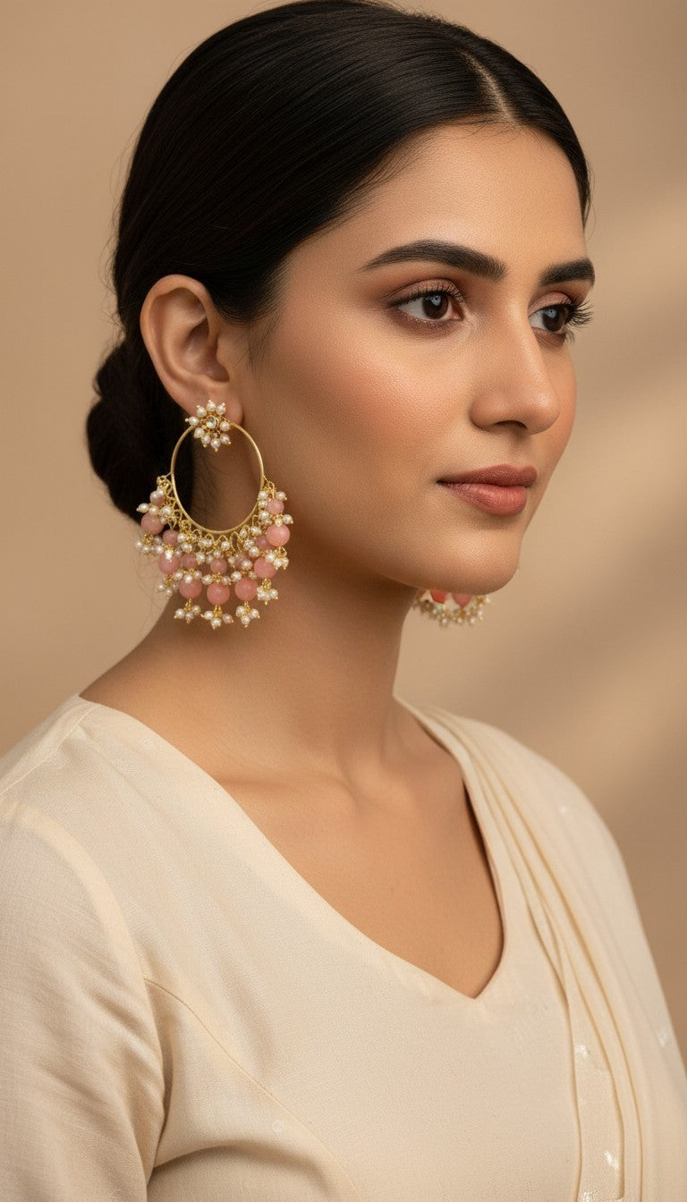 SHE BEAUTY Kashmiri Bali gold hoop earrings featuring pink beads and delicate white pearl accents on a model