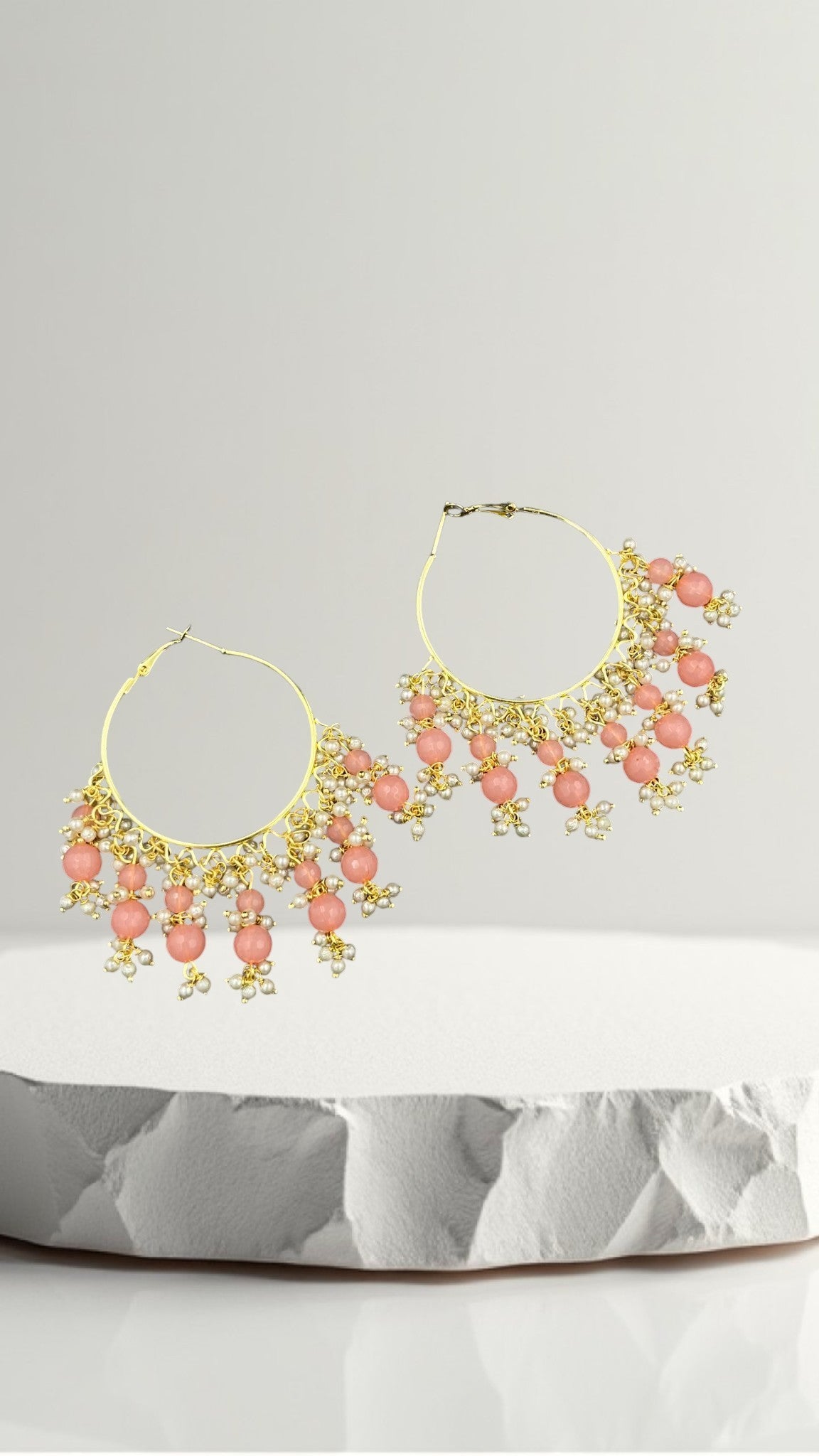 SHE BEAUTY Kashmiri Bali gold hoop earrings featuring pink beads and delicate white pearl accents