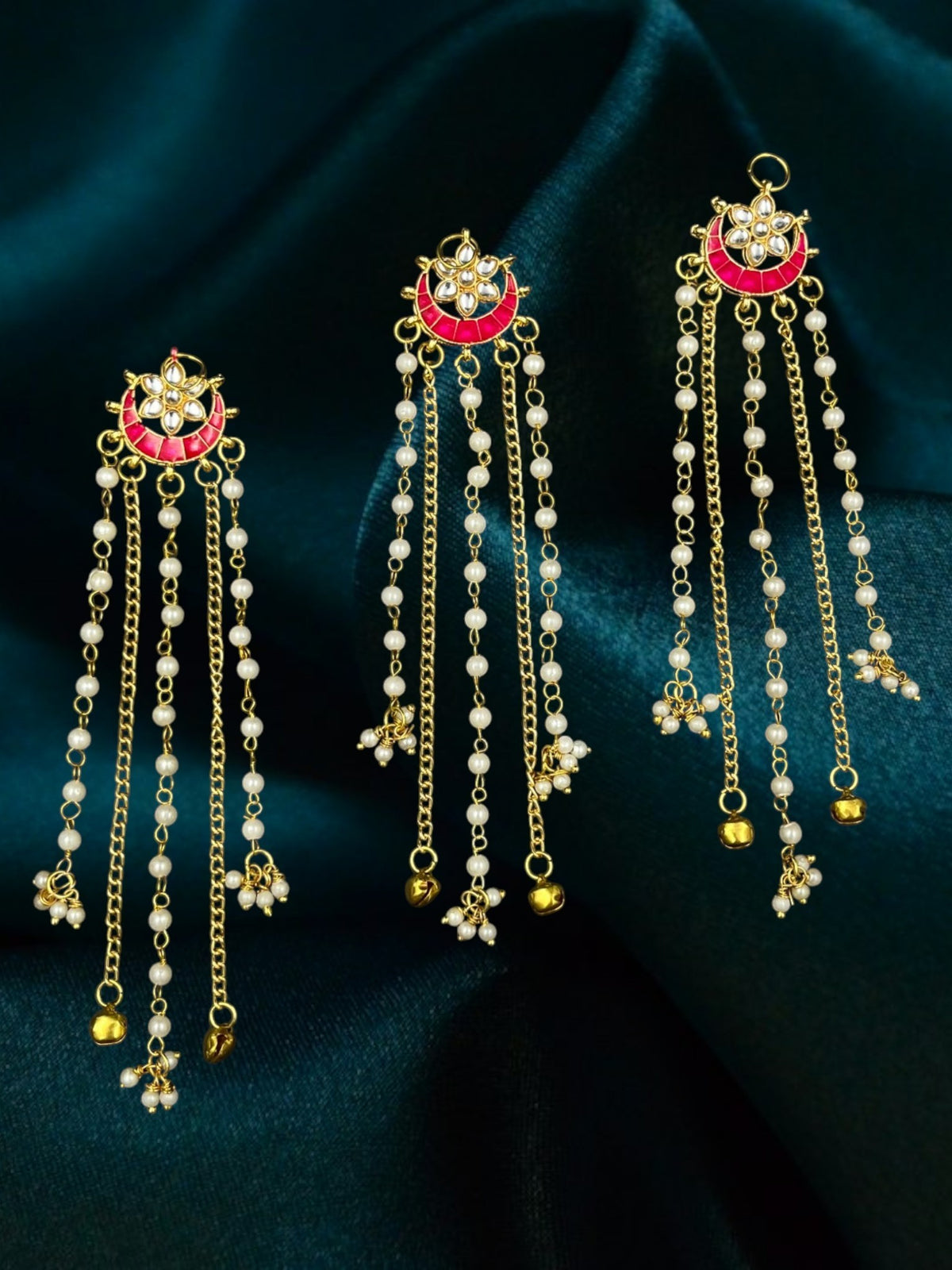 SHE BEAUTY 3-piece Kashmiri crescent moon hair accessories with pink meenakari, kundan, pearl chains, and ghungroos.