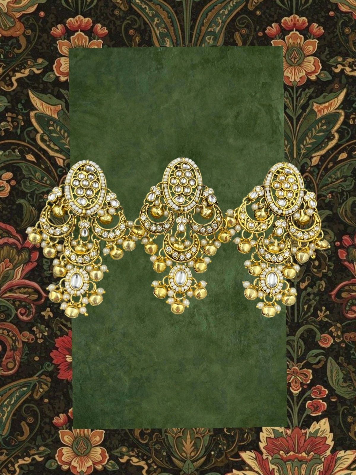 SHE BEAUTY set of 3 gold-toned Kashmiri Kundan choti pins with white stone accents and dangling pearl beads.