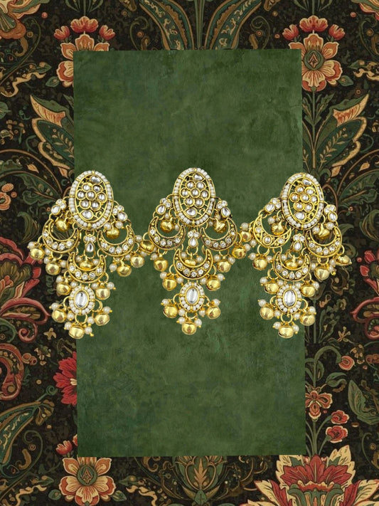 SHE BEAUTY set of 3 gold-toned Kashmiri Kundan choti pins with white stone accents and dangling pearl beads.