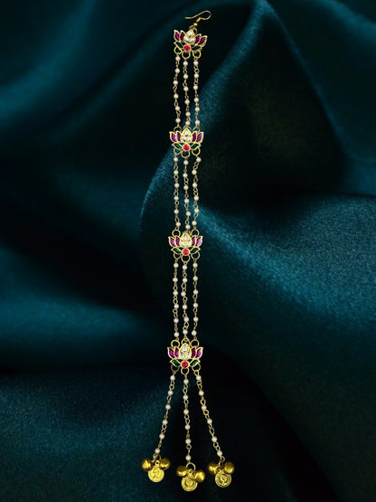 SHE BEAUTY Kashmiri lotus meenakari braid accessory with pearl chains, pink and green enamel, and gold coin charms.