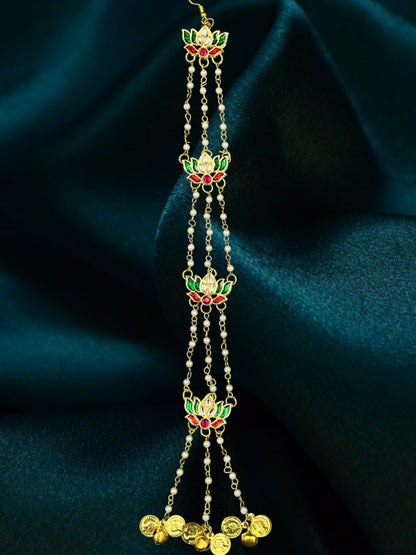 SHE BEAUTY Kashmiri lotus meenakari braid accessory with gold-tone metal, red and green enamel, and pearl accents.