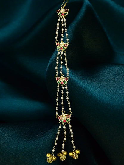 SHE BEAUTY Kashmiri lotus meenakari braid accessory with gold-tone metal, red and green enamel, and pearl chains.