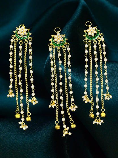 SHE BEAUTY Kashmiri crescent moon hair accessories with green meenakari, kundan, pearl chains, and gold ghungroo bells.