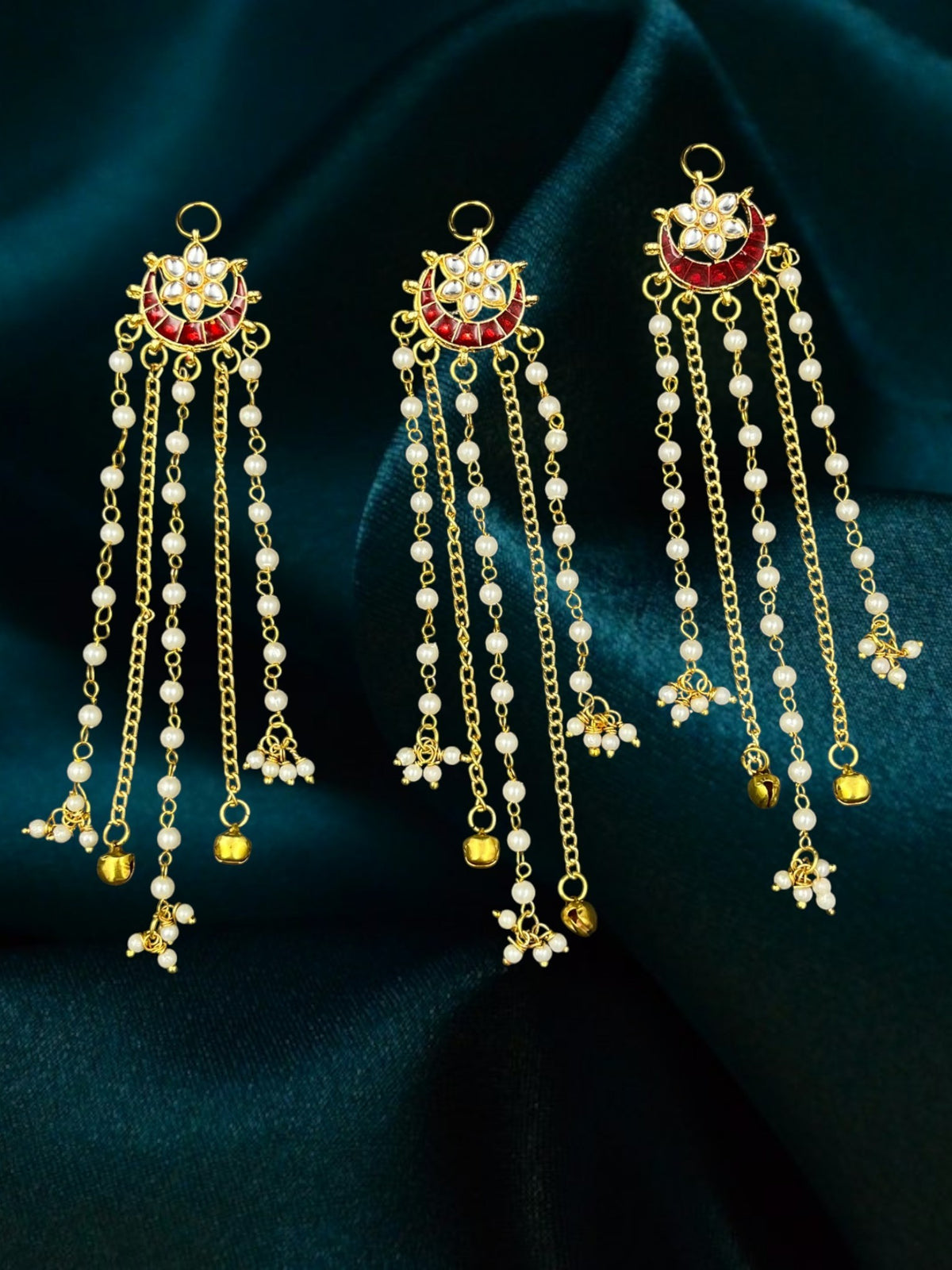 SHE BEAUTY set of 3 Kashmiri crescent moon hair accessories with red meenakari, kundan, pearl chains, and gold ghungroos