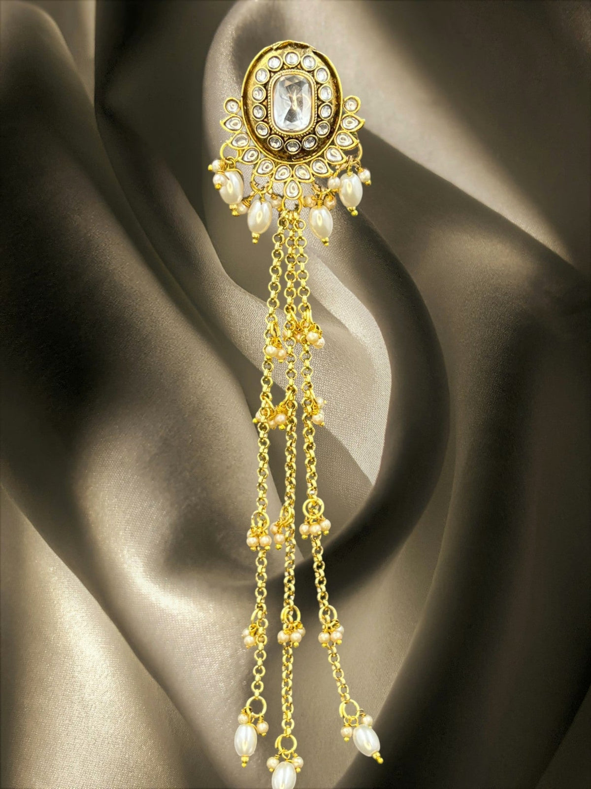 SHE BEAUTY Kashmiri pearls and kundan stone hair brooch with delicate gold chain trails for festive hairstyles