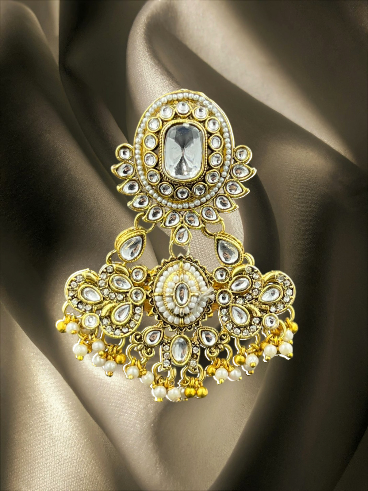SHE BEAUTY Kashmiri Polki Kundan Juda hair brooch with white stones, pearls, and gold-tone metal for festive wear.