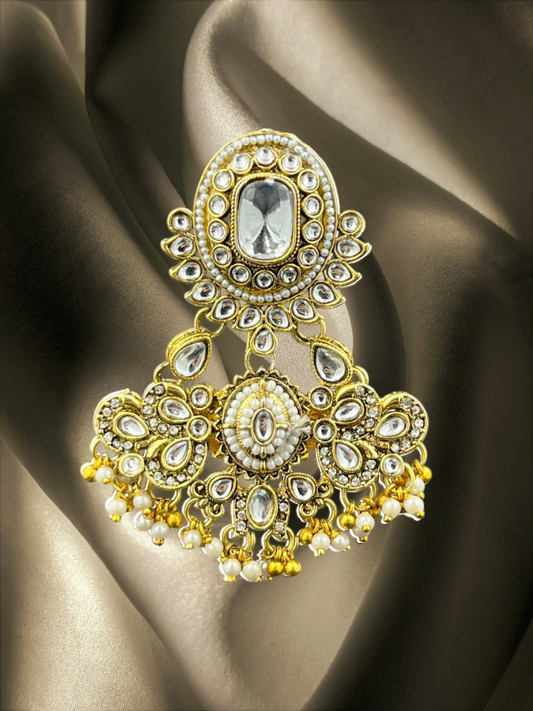 SHE BEAUTY Kashmiri Polki Kundan Juda hair brooch with white stones, pearls, and gold-tone metal for festive wear.
