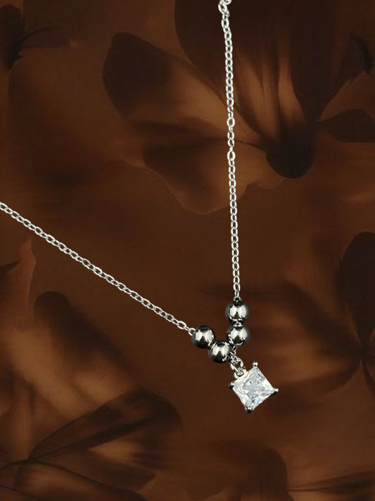 SHE BEAUTY Korean solitaire pendant necklace with a square cubic zirconia stone and silver-tone metal beads