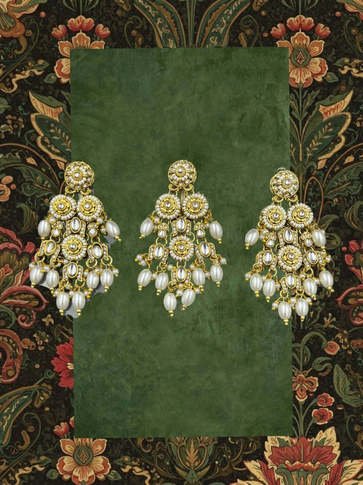 SHE BEAUTY Kundan 3-piece choti hair accessory set featuring gold-tone metal, white pearls, and intricate stone work.