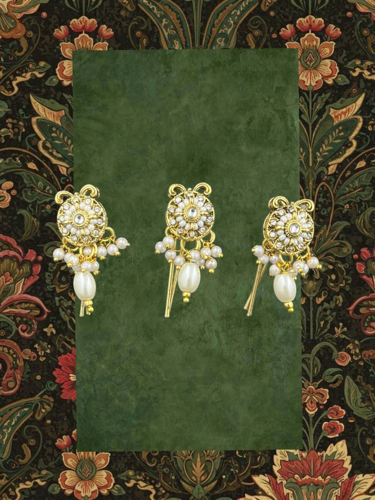SHE BEAUTY set of 3 gold-toned Kundan Juda pins featuring white pearls and clear stones for festive hair styling.