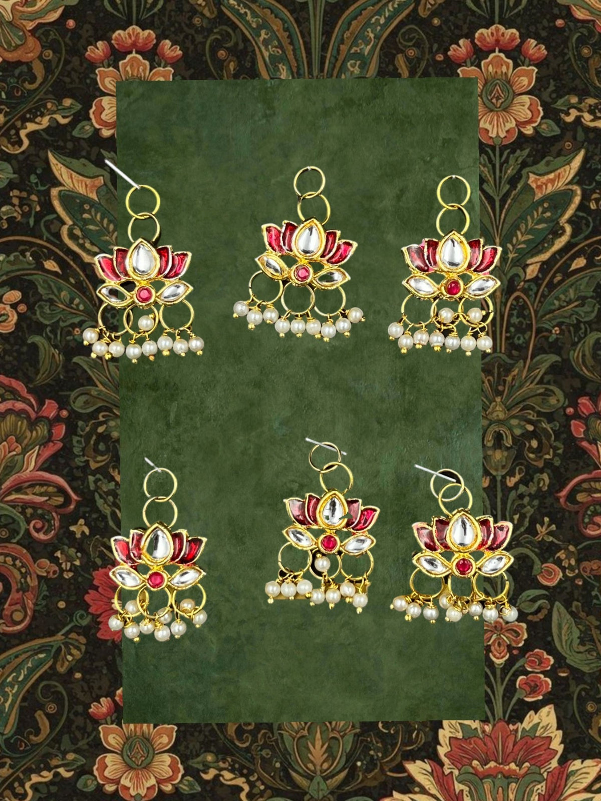 SHE BEAUTY Kundan lotus meenakari hair beads set of 6 with red enamel, white stones, and hanging pearl accents.