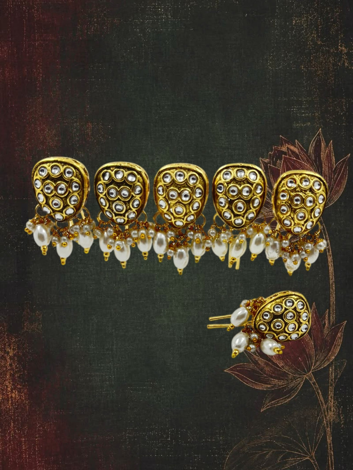 SHE BEAUTY 6-piece Kundan hair accessory set featuring gold-tone teardrop charms with white pearl drops for festive wear.