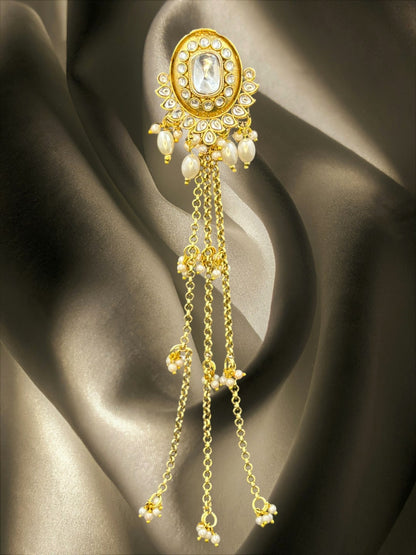 SHE BEAUTY gold-toned kundan hair brooch with white pearl accents and delicate hanging chain trails for festive wear.