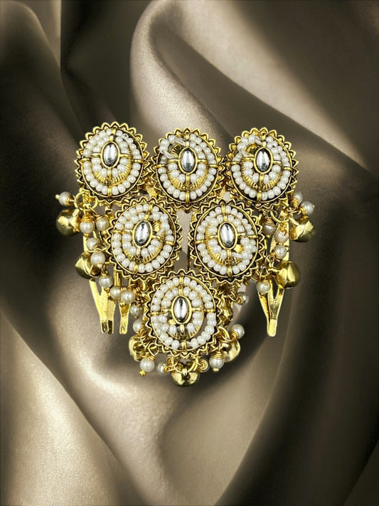 SHE BEAUTY gold-toned Kundan Polki hair comb with white pearls and hanging ghungroo bells for festive hairstyles.