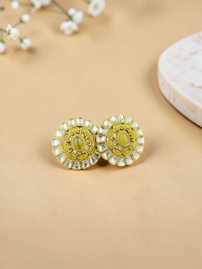 SHE BEAUTY gold-toned kundan stud earrings with central olive green stones for traditional ethnic wear.