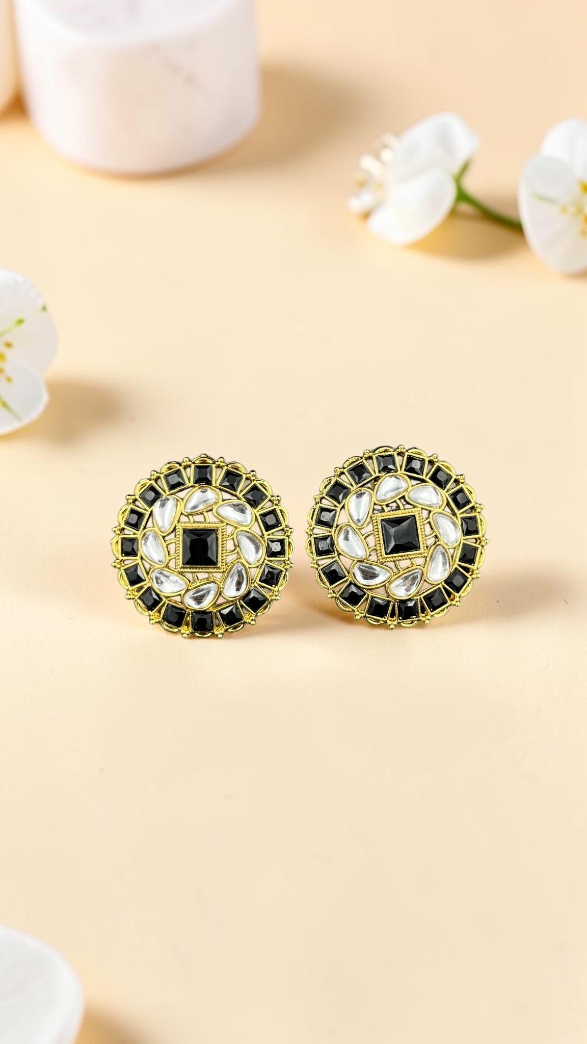SHE BEAUTY premium kundan tops featuring black and white stones in a gold-toned circular ethnic design