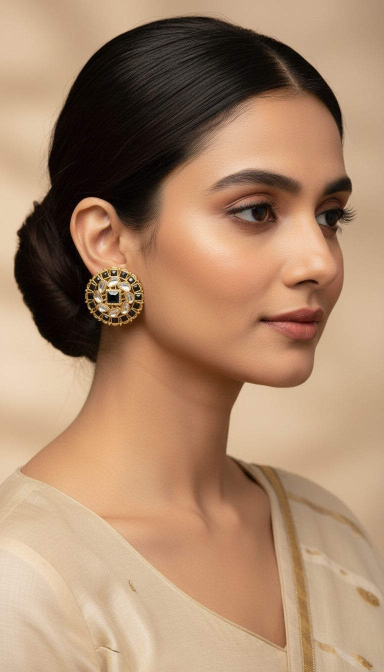 SHE BEAUTY premium kundan tops featuring a circular gold design with black stones worn by a woman in ethnic attire.