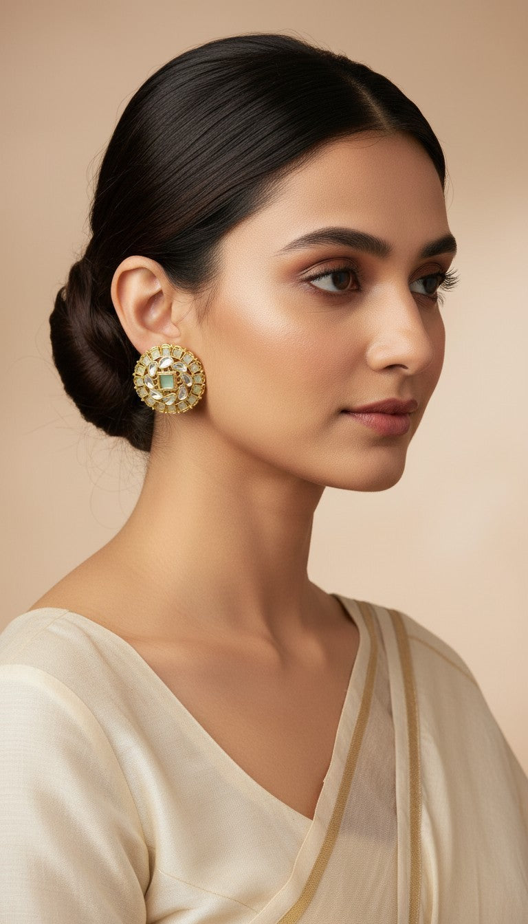 SHE BEAUTY premium kundan tops featuring a round gold-tone design with a central mint stone worn by a woman