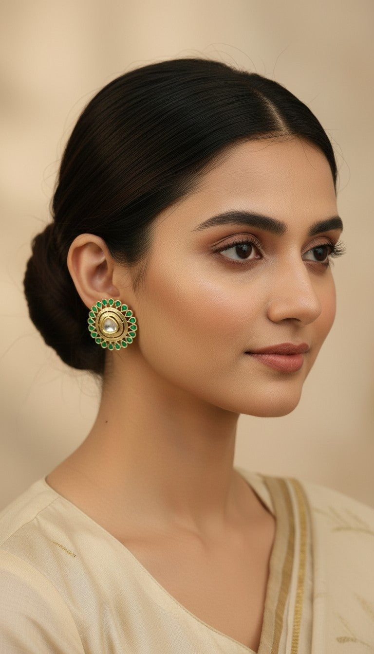 SHE BEAUTY round kundan tops with green stone accents worn by a woman in a traditional Indian style