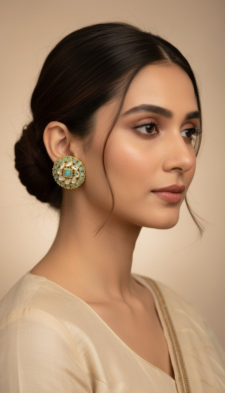 SHE BEAUTY premium kundan tops featuring mint green stones and gold-tone metal worn by a woman in a side profile view