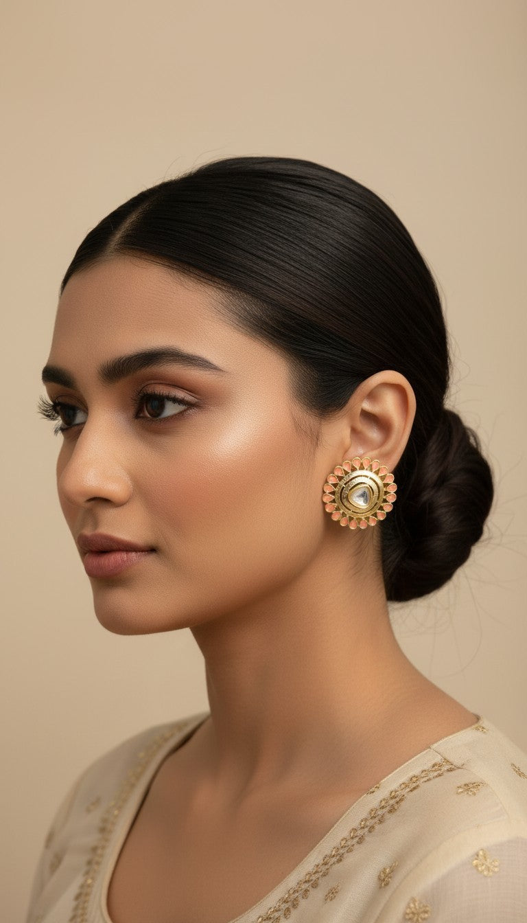 SHE BEAUTY kundan tops featuring a central stone surrounded by peach petals, worn by a woman in ethnic attire.
