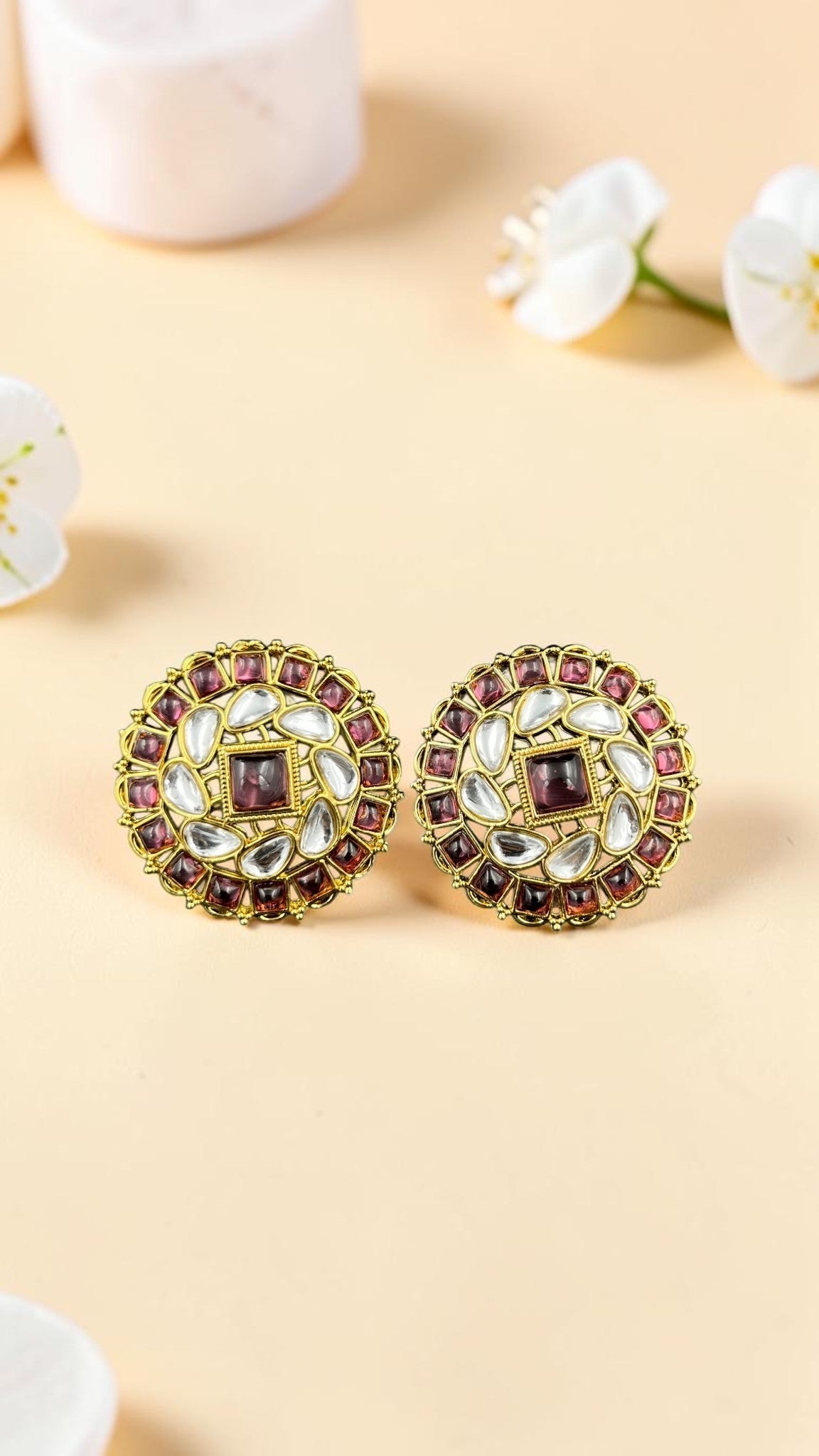 SHE BEAUTY premium kundan tops with circular gold-tone metal, white stones, and deep purple accents for ethnic wear.