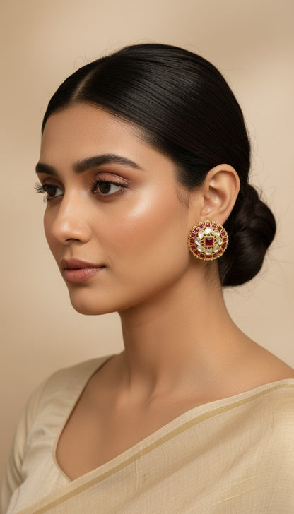 SHE BEAUTY premium kundan tops featuring a round gold design with red stones worn by a woman in a neutral outfit