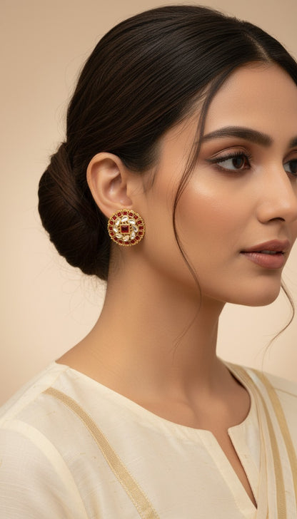 SHE BEAUTY premium kundan tops featuring a circular gold design with red stones worn by a woman in ethnic attire