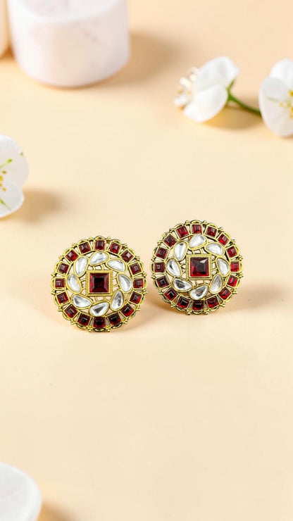 SHE BEAUTY premium kundan tops featuring round gold-tone frames with red square stones and white teardrop accents.