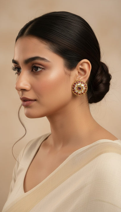 SHE BEAUTY premium kundan tops featuring a central ruby stone surrounded by white kundan stones in a gold setting