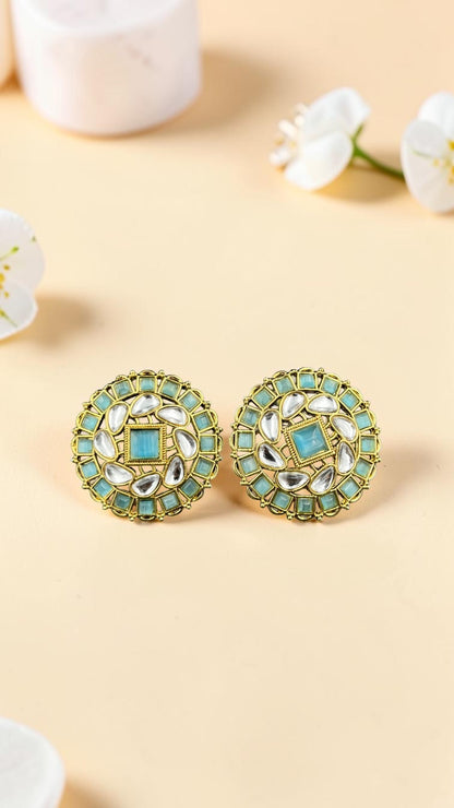 SHE BEAUTY premium kundan tops with circular gold-toned frames, featuring teal square and teardrop-shaped stones.