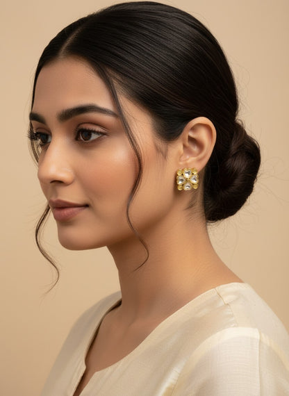 SHE BEAUTY light kundan tops featuring a square floral design with gold-tone metal and clear stones on a model