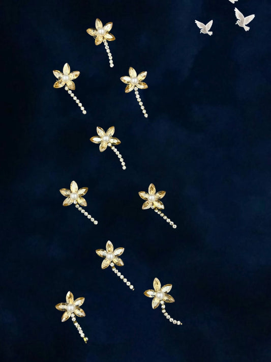 SHE BEAUTY LILY PEARL 9 piece hair beads set featuring gold flower charms with central pearls and crystal stems
