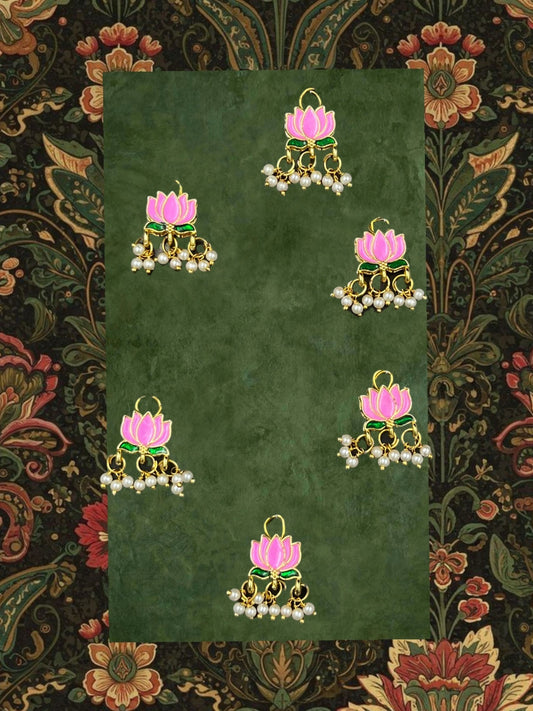 SHE BEAUTY set of 6 lotus-shaped hair beads with pink enamel, green accents, and dangling white pearl-style beads.