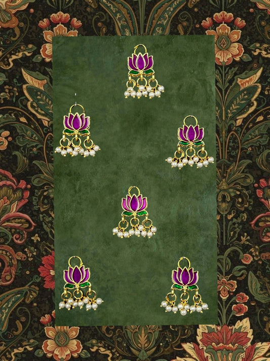 SHE BEAUTY lotus hair beads featuring purple and green enamel with dangling white pearls for festive party wear