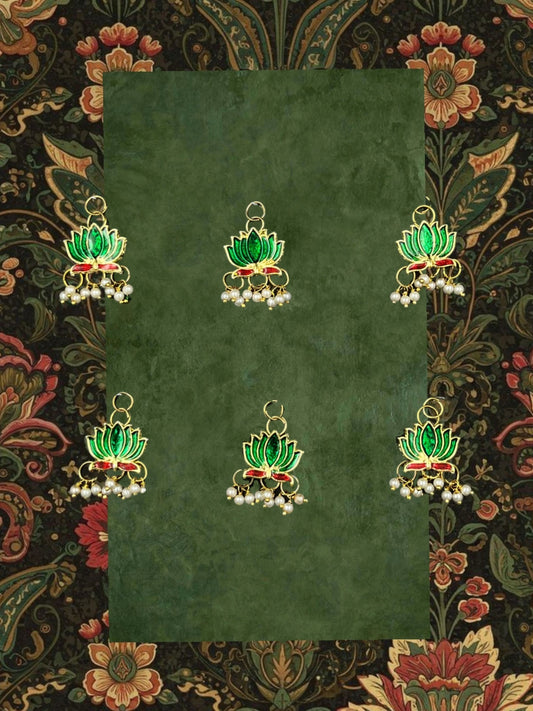 SHE BEAUTY set of 6 lotus-shaped Meenakari hair beads with green enamel, red accents, and hanging white pearl drops.