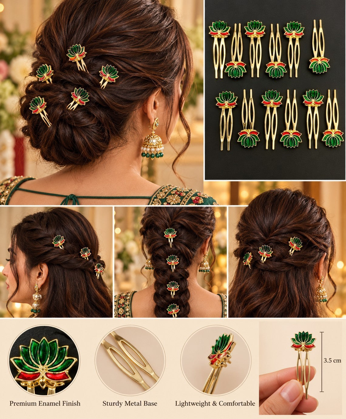 SHE BEAUTY lotus meenakari juda hair combs with green and red enamel finish on gold metal for festive hairstyles