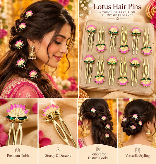 SHE BEAUTY 12-piece lotus Meenakari hair combs with pink and green enamel finish for festive bridal hairstyles