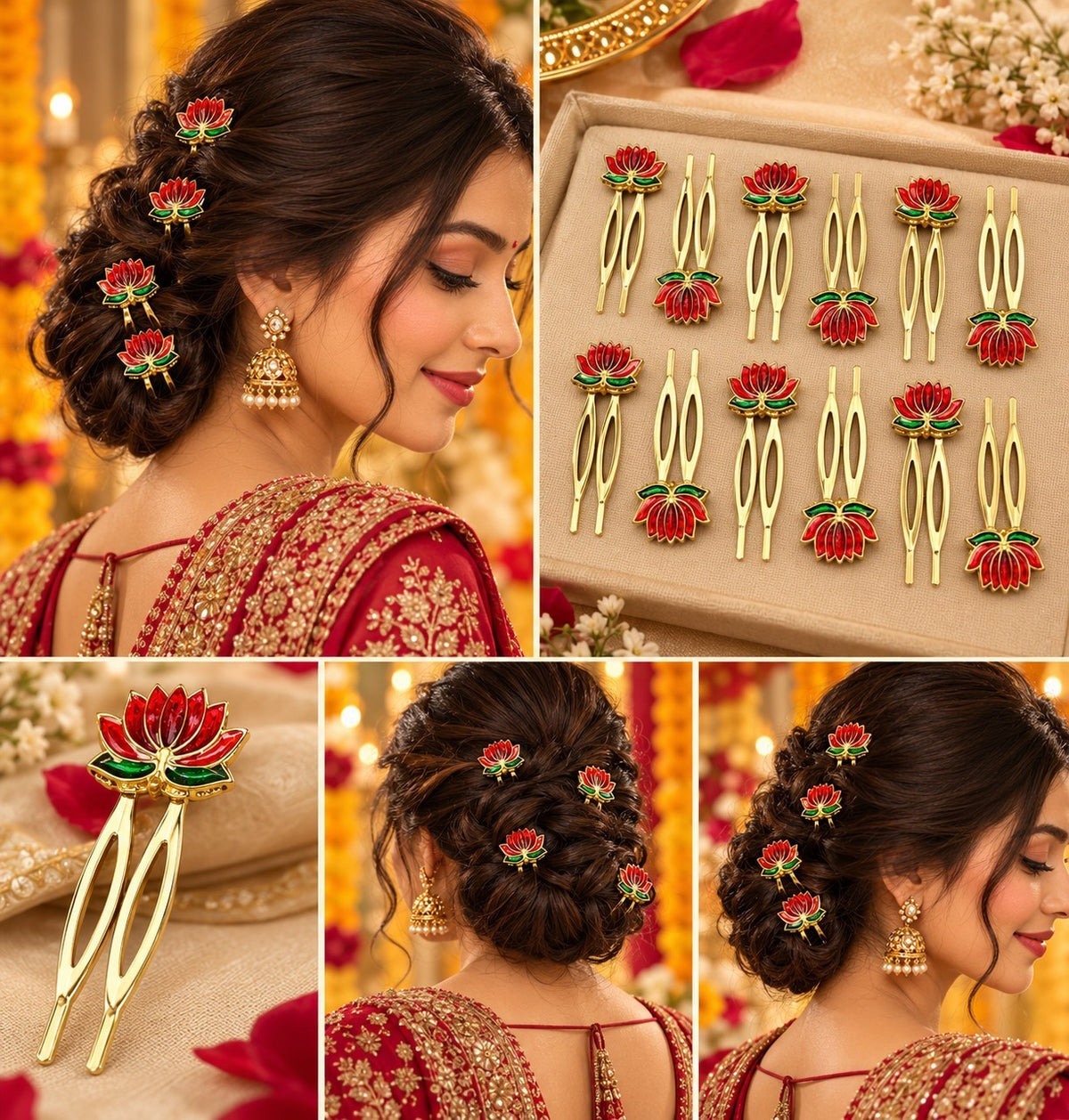 SHE BEAUTY 12-piece lotus Meenakari hair combs with red and green enamel detailing for festive bridal hairstyles