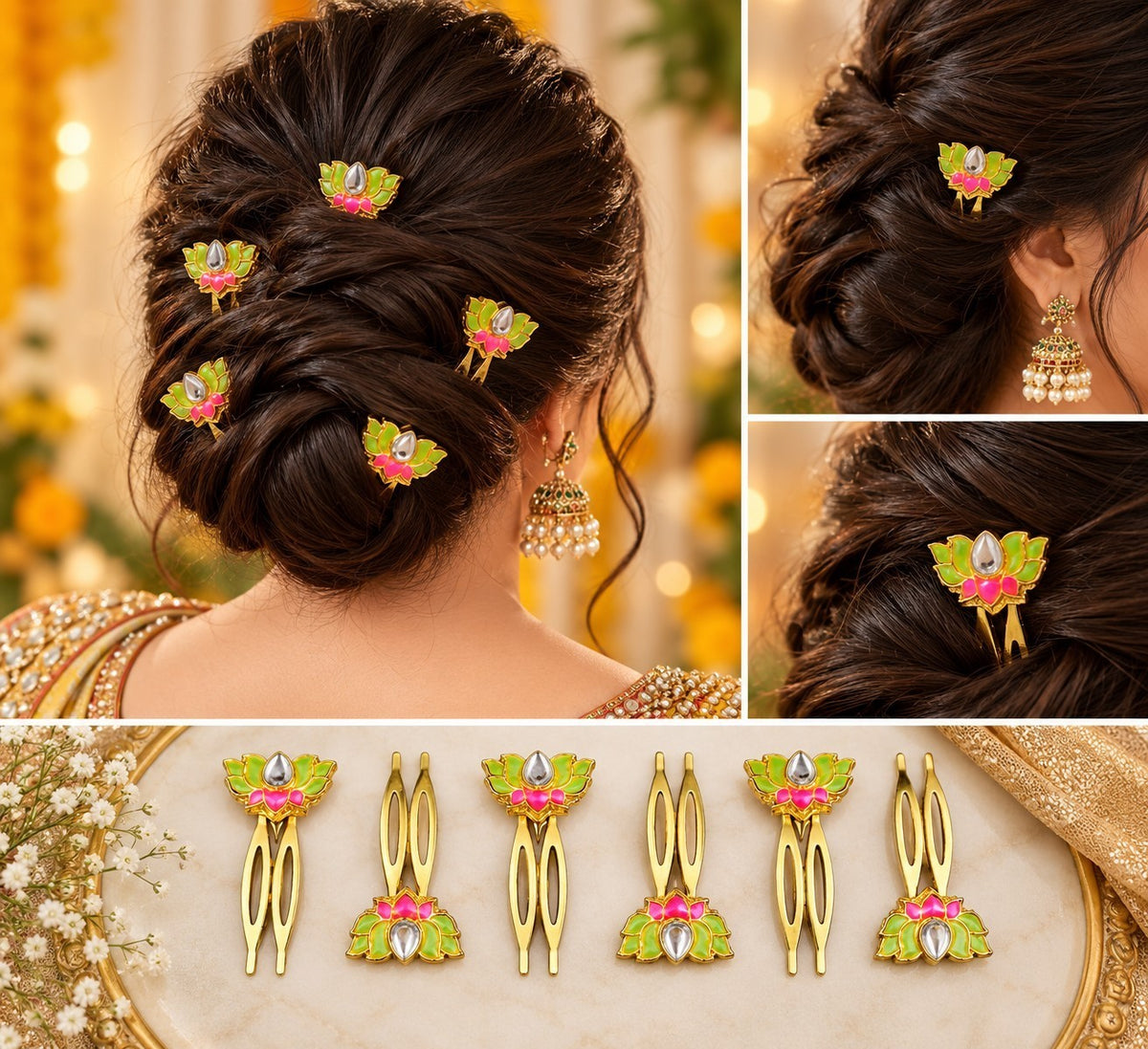 SHE BEAUTY set of 6 lotus-shaped Meenakari Kundan hair combs with pink and green enamel for festive bridal hairstyles.