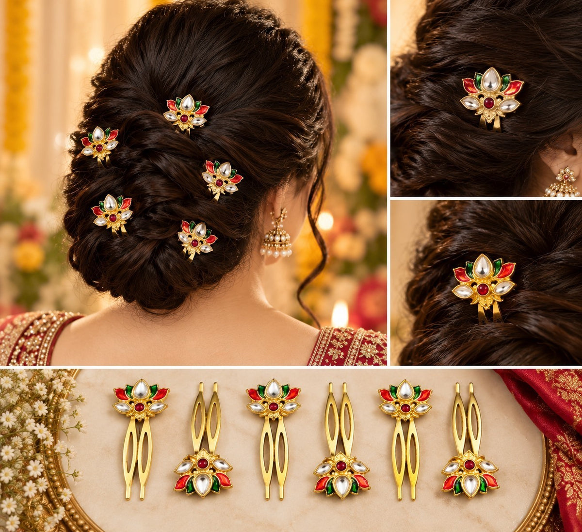 SHE BEAUTY 6-piece lotus-shaped Meenakari Kundan hair combs with red and green enamel for festive bridal hairstyles.