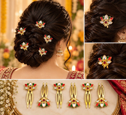 SHE BEAUTY 6-piece lotus-shaped Meenakari Kundan hair combs with red and green enamel for festive bridal hairstyles.